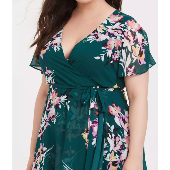 *Flawed Torrid Midi Chiffon Wrap Dress Green Floral Missing Belt Plus Size 1 1X - Picture 3 of 15